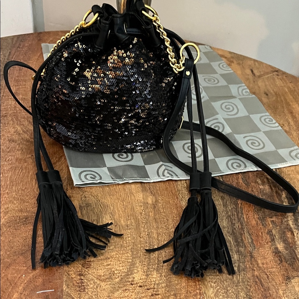 ION Silk  Elements Black Sequin  Tassel Drawstring bag